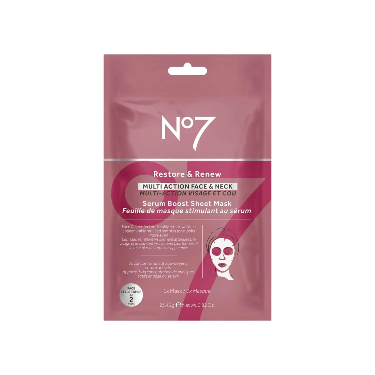 No7 Restore and Renew face-neck sheet mask hydrates and revitalizes skin for a refreshed look.