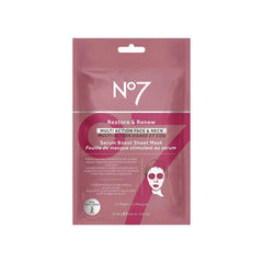 No7 Restore and Renew face-neck sheet mask hydrates and revitalizes skin for a refreshed look.