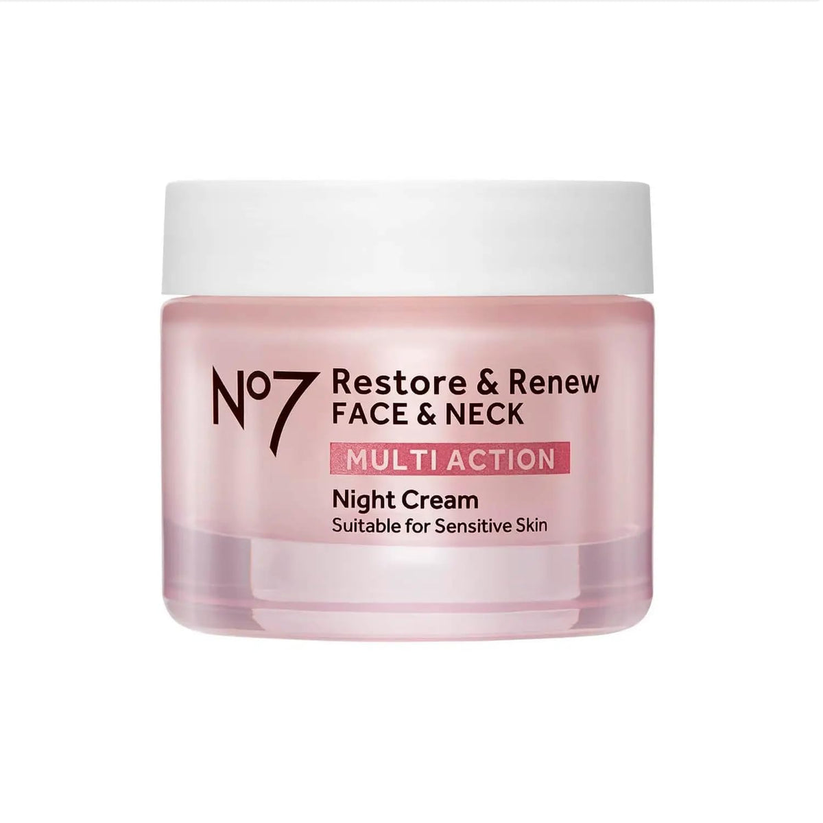 No7 Restore and Renew night cream bottle showing hydrating formula for firmer looking skin
