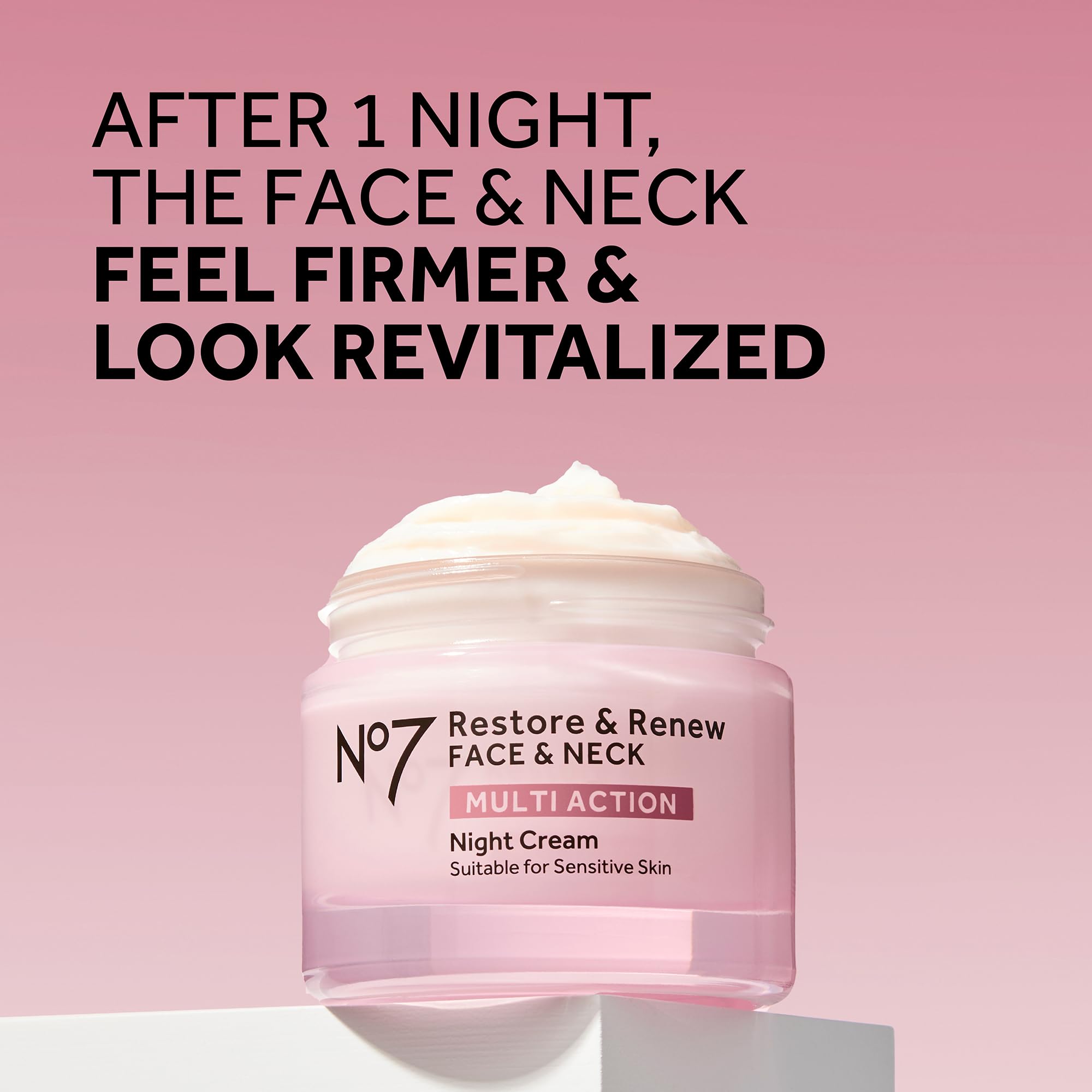 No7 Restore & Renew night cream texture swatch highlighting silky finish and fast absorption.