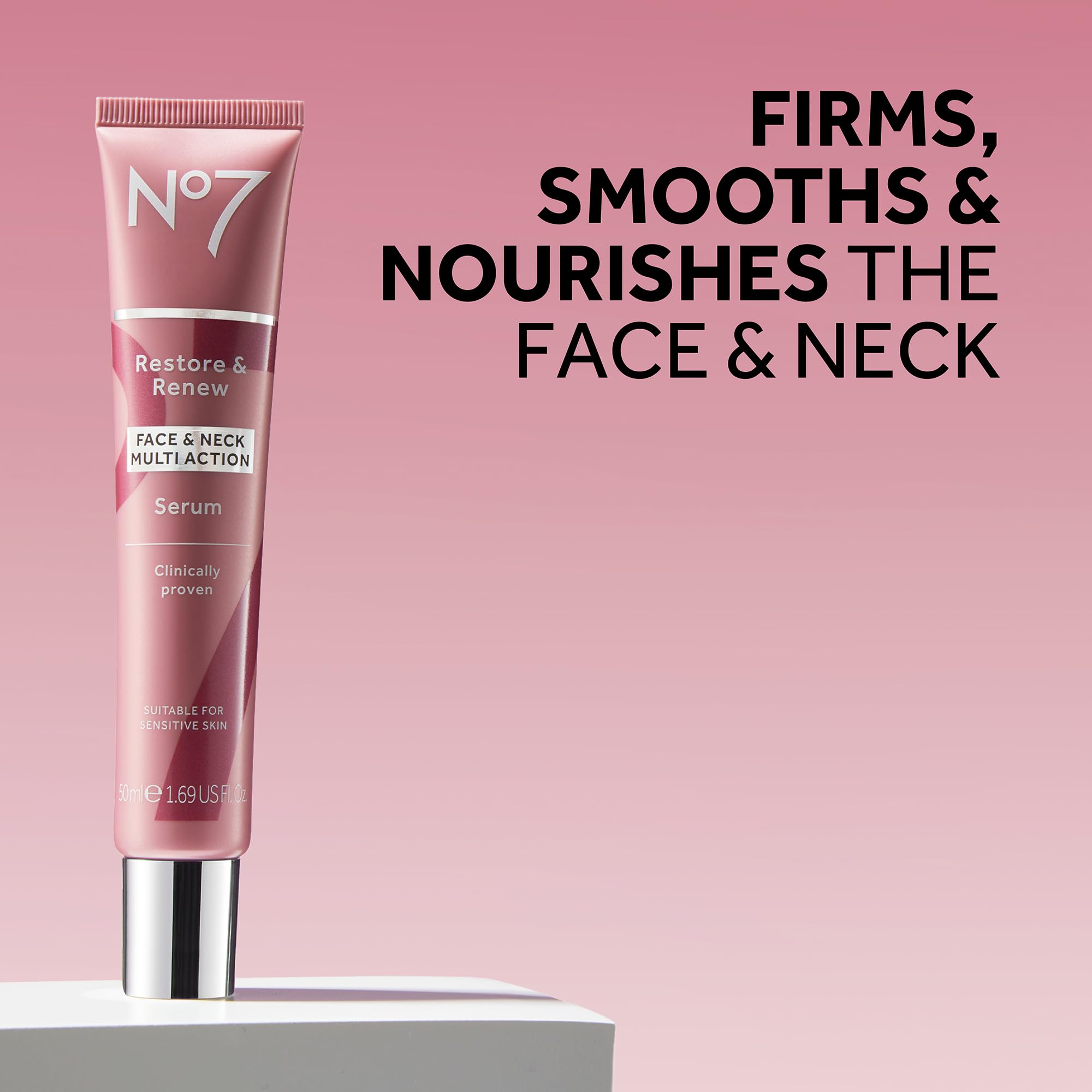 No7 Restore and Renew serum application closeup showing a smooth, fast-absorbing formula.