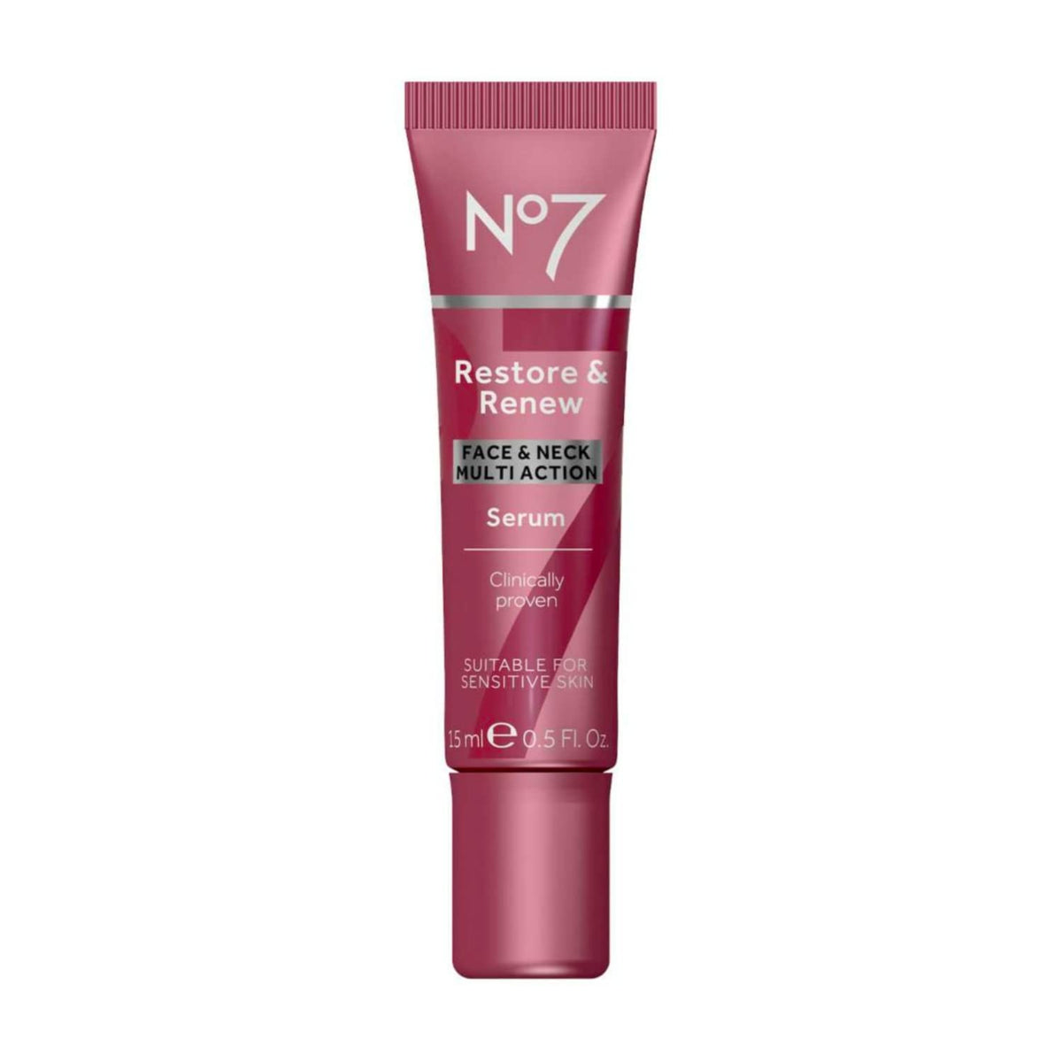 No7 Restore & Renew serum bottle-pour for easy daily dispensing and hydration.