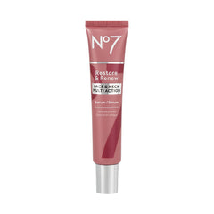 No7 Restore and Renew serum bottle with pump for easy daily application and hydration.