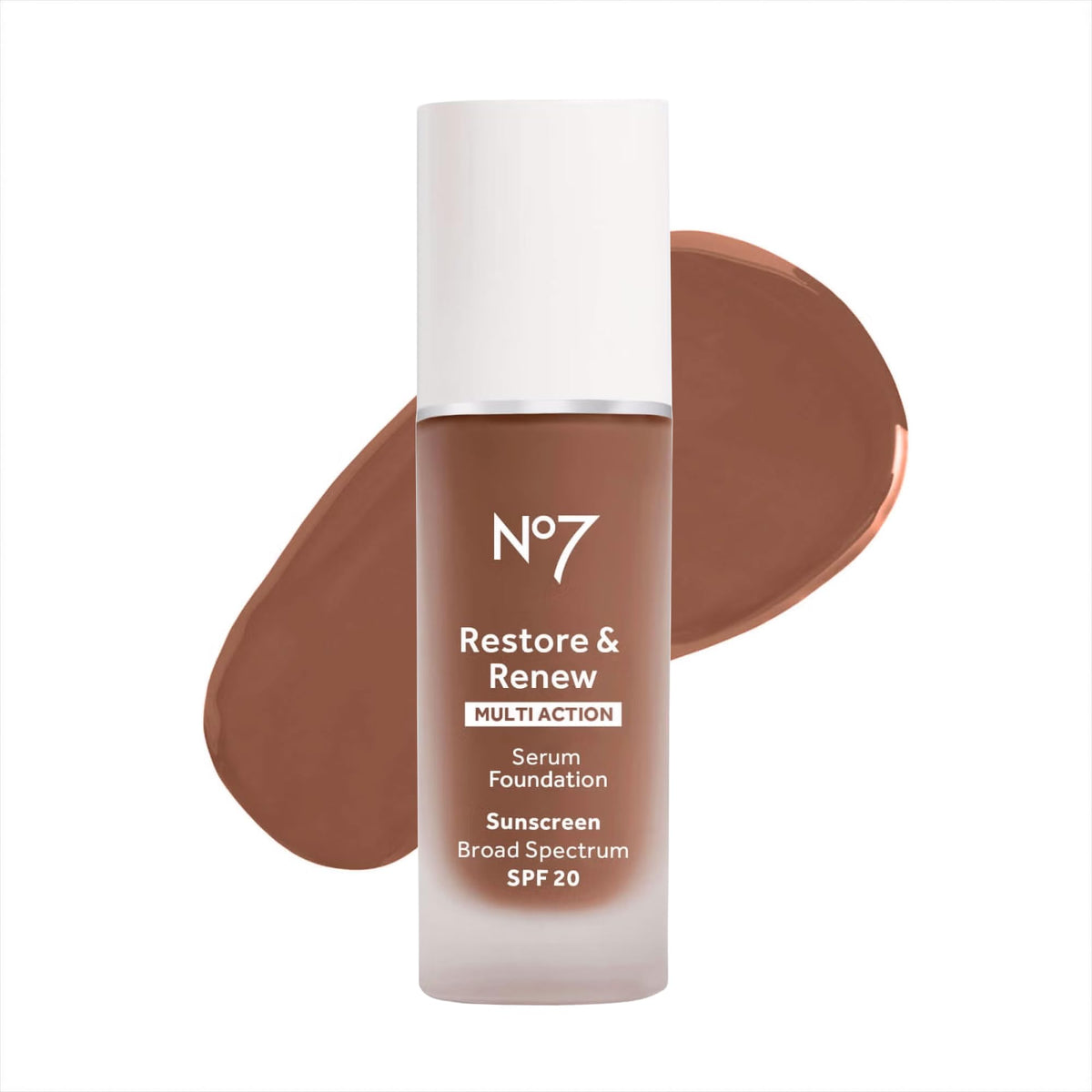 No7 Restore & Renew serum foundation bottle shows premium coverage and natural finish.