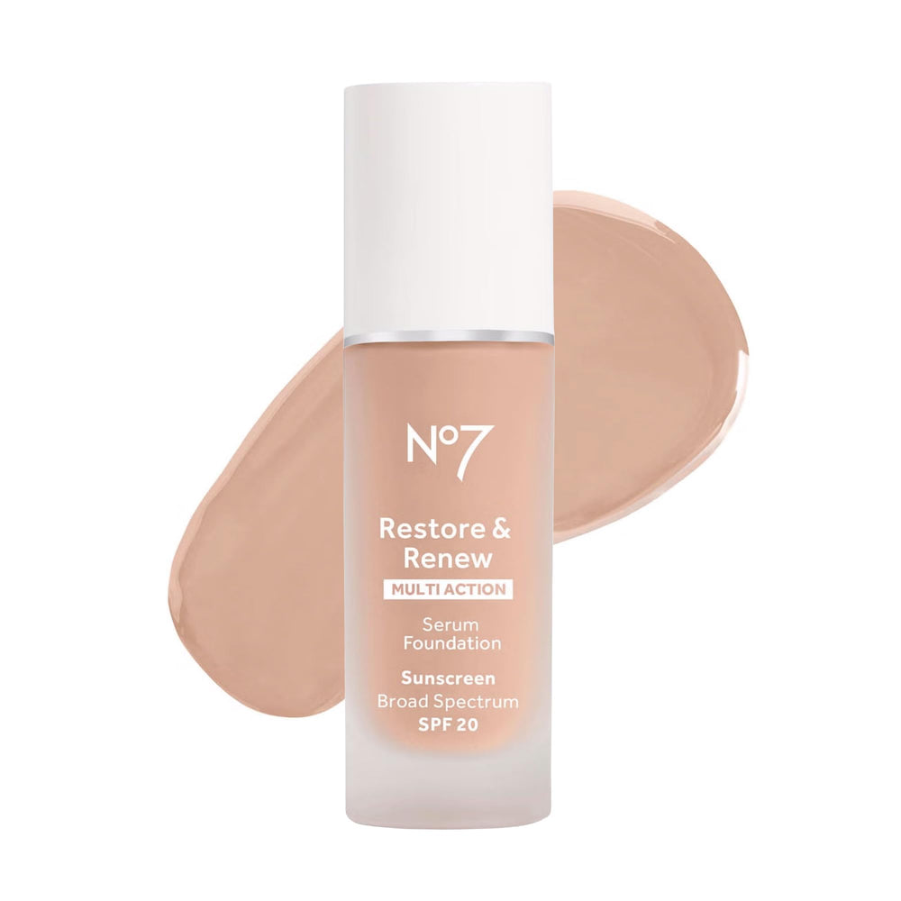 No7 Restore & Renew Serum Foundation porcelain bottle for smooth, radiant skin with medium coverage.