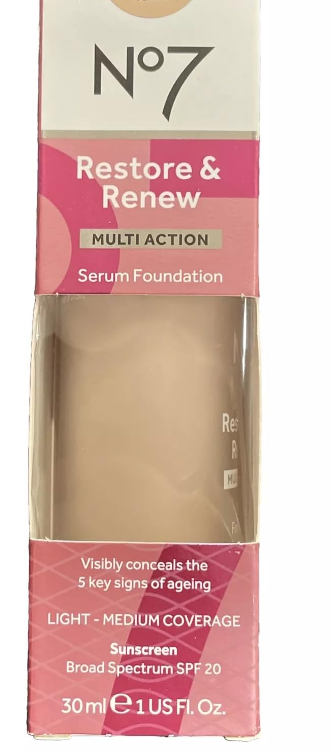 SPF 20 label on No7 foundation signaling broad spectrum protection.
