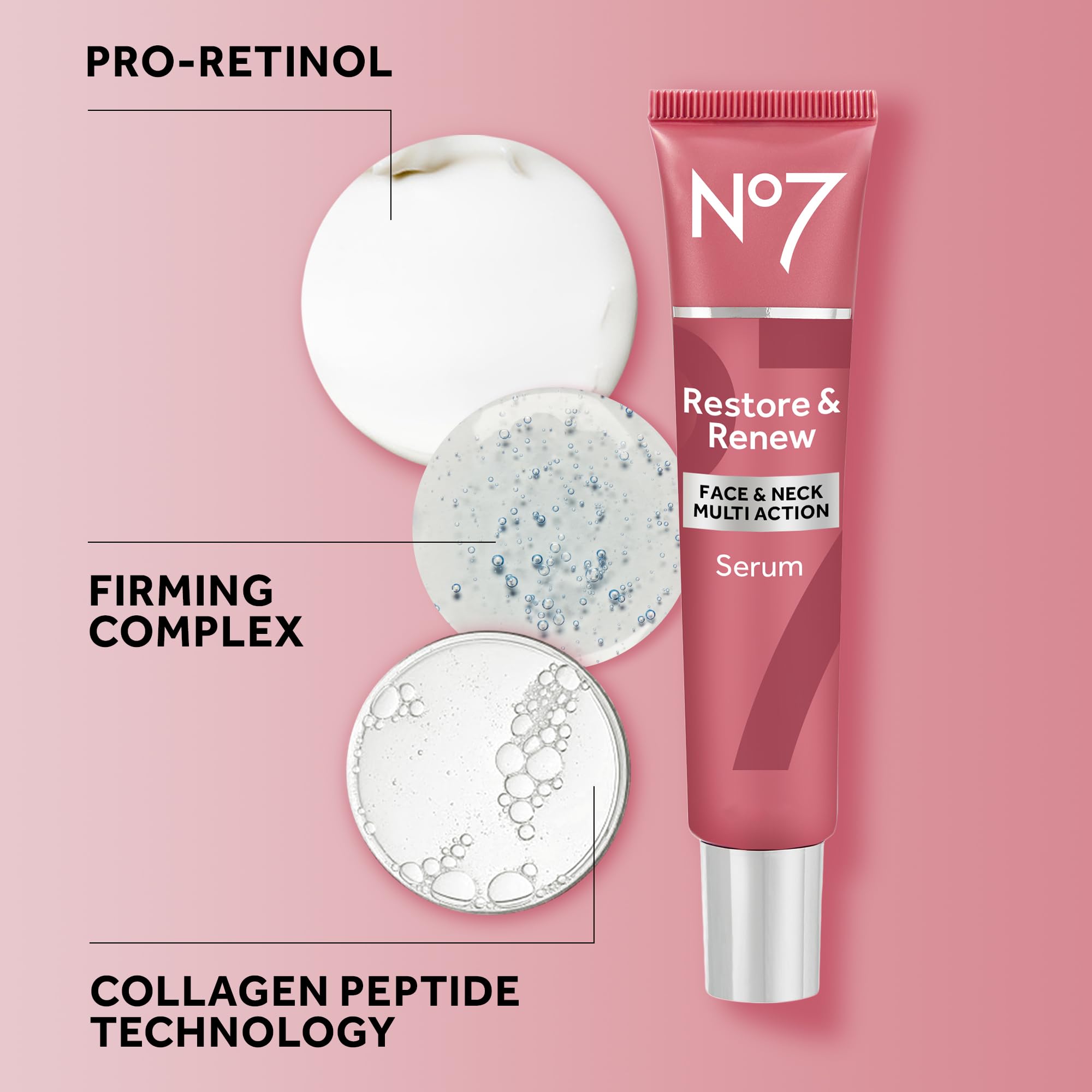 No7 Restore and Renew serum texture swatch showing smooth, quick-absorb texture.