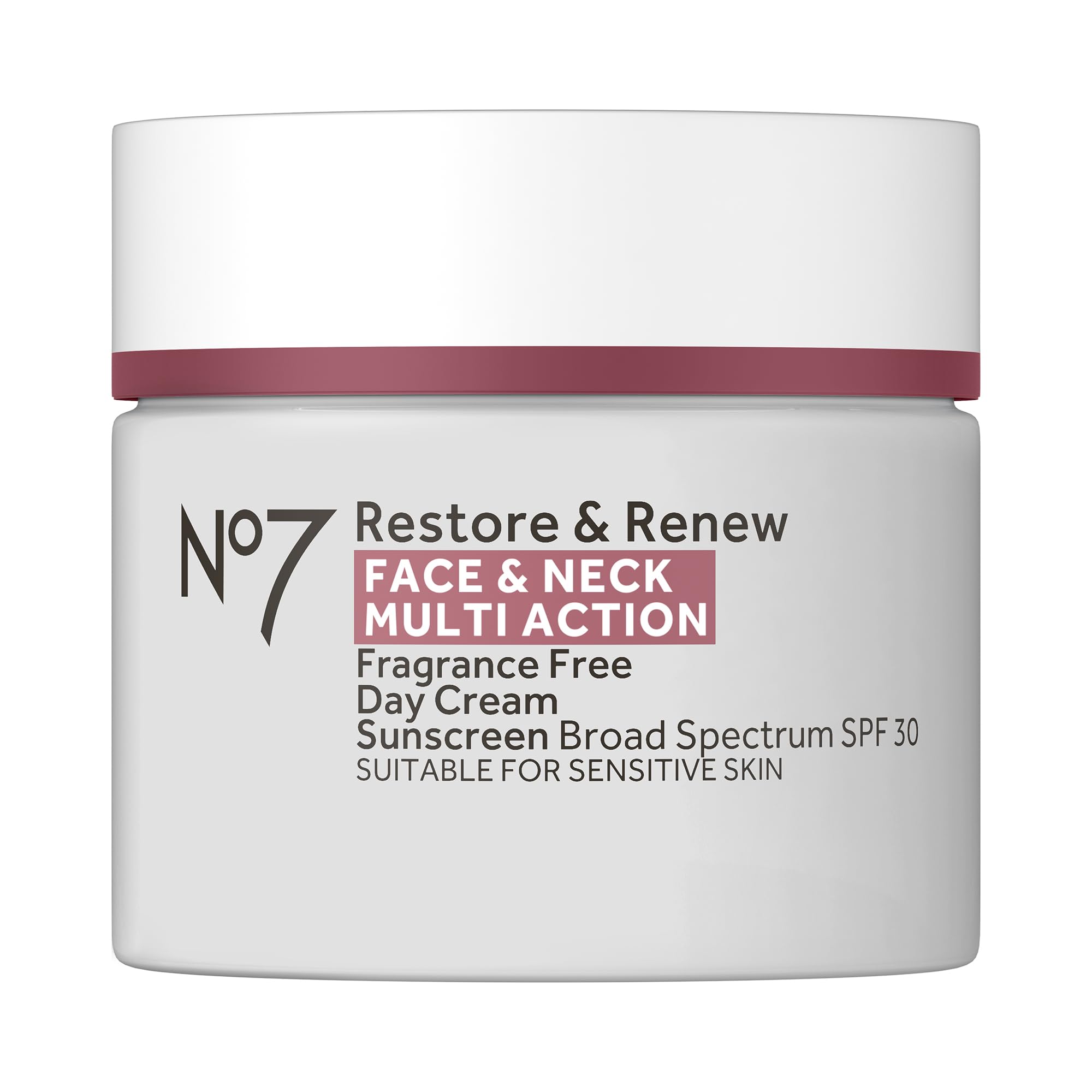 No7 Restore & Renew SPF 30 day cream bottle shows hydrating daily protection
