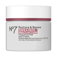 No7 Restore & Renew SPF 30 day cream bottle shows hydrating daily protection