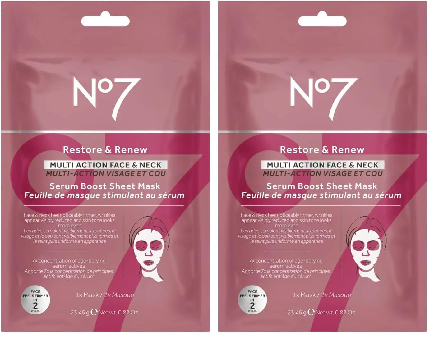 No7 Restore and Renew face-neck sheet mask with concentrated serum for nourishing hydration.