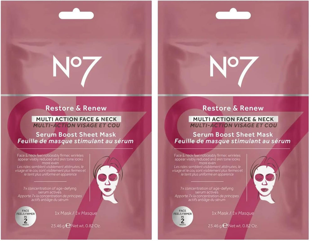 No7 Restore and Renew face-neck sheet mask with concentrated serum for nourishing hydration.