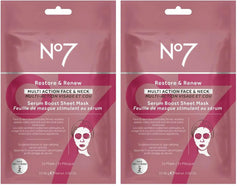 No7 Restore and Renew face-neck sheet mask with concentrated serum for nourishing hydration.