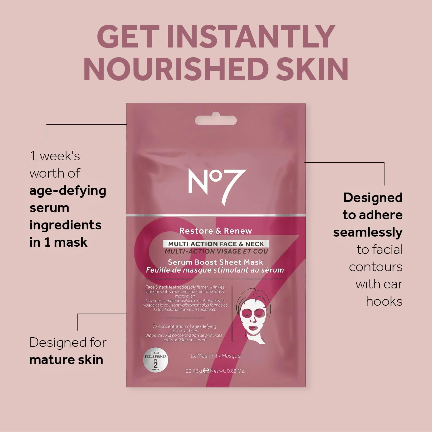 Close-up of No7 Restore and Renew sheet mask showing serum-rich formula.