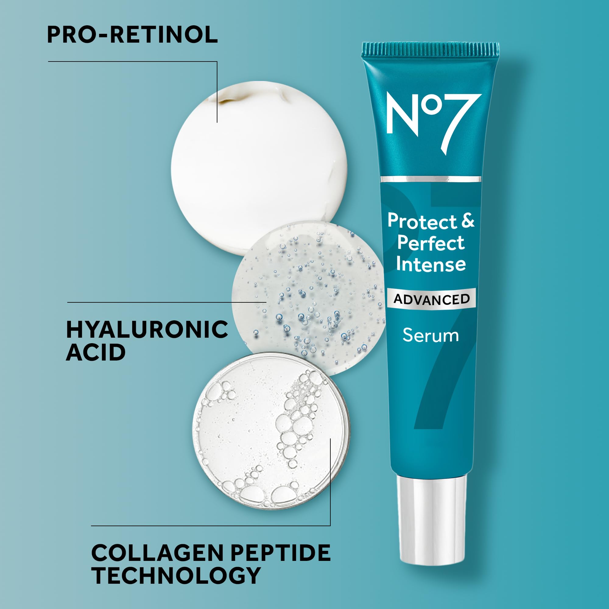 No7 serum beside other skincare products in a daily routine.