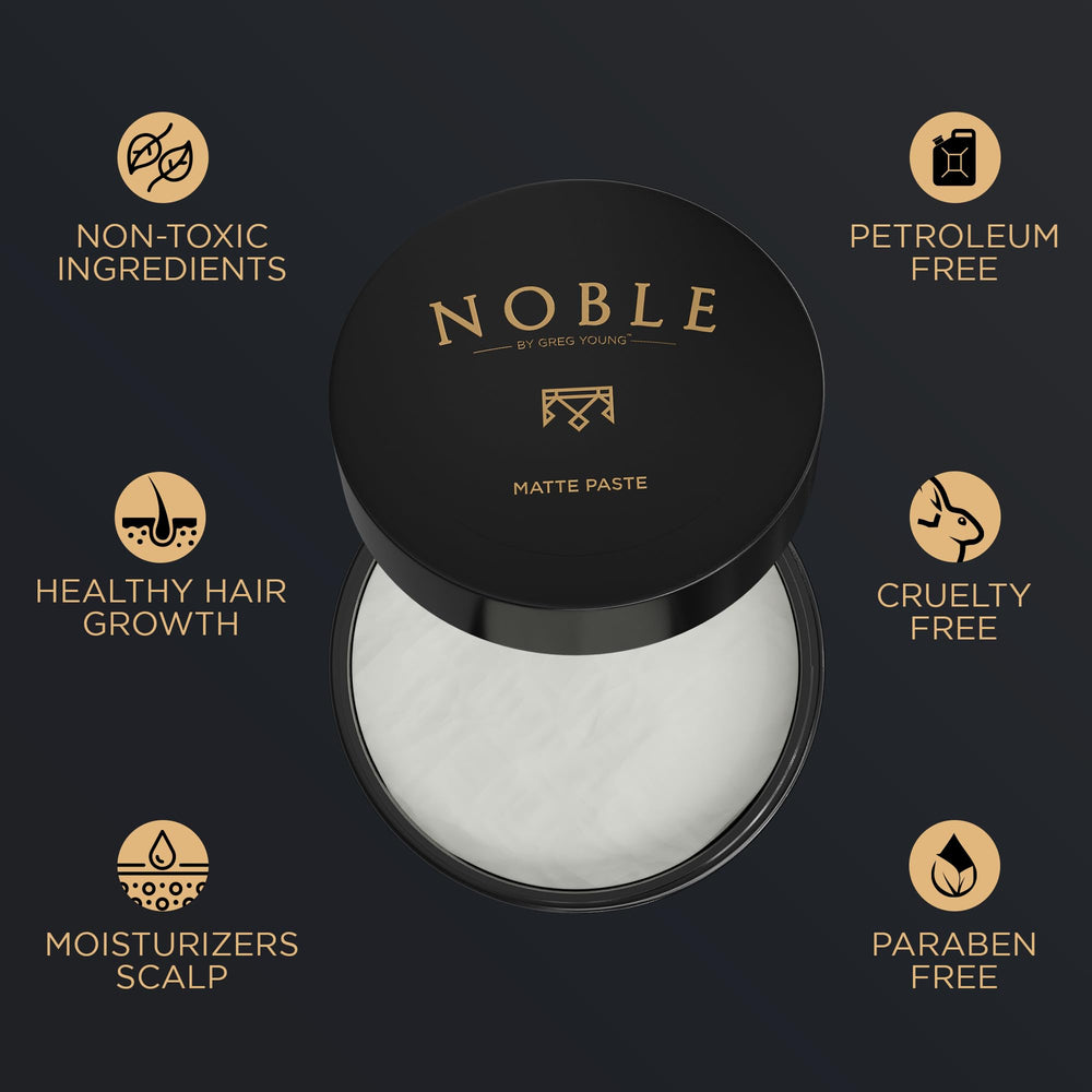 Noble By Greg Young matte paste hair-styling demo shows natural matte finish.