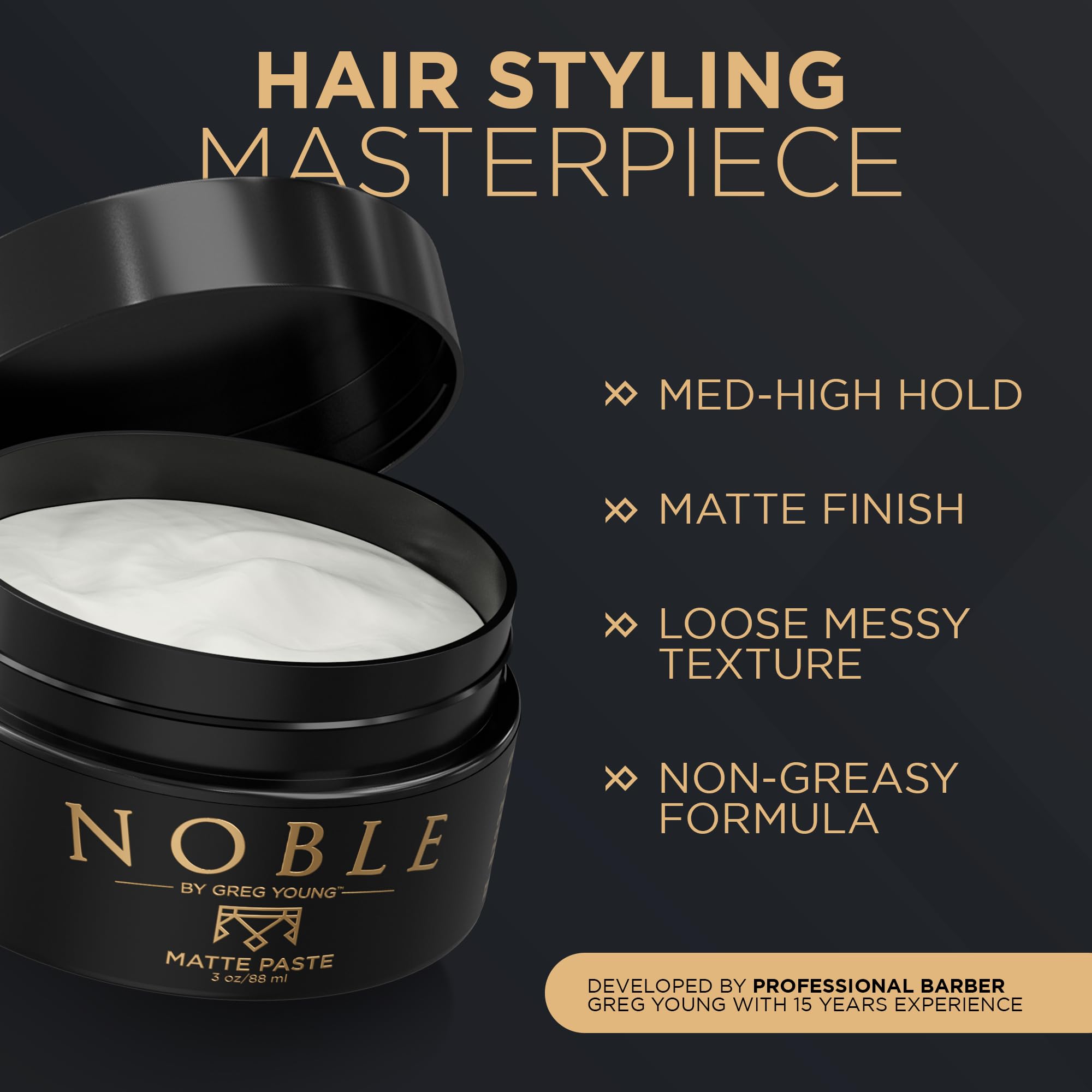 Noble By Greg Young matte paste packaging on shelf demonstrates premium grooming product.