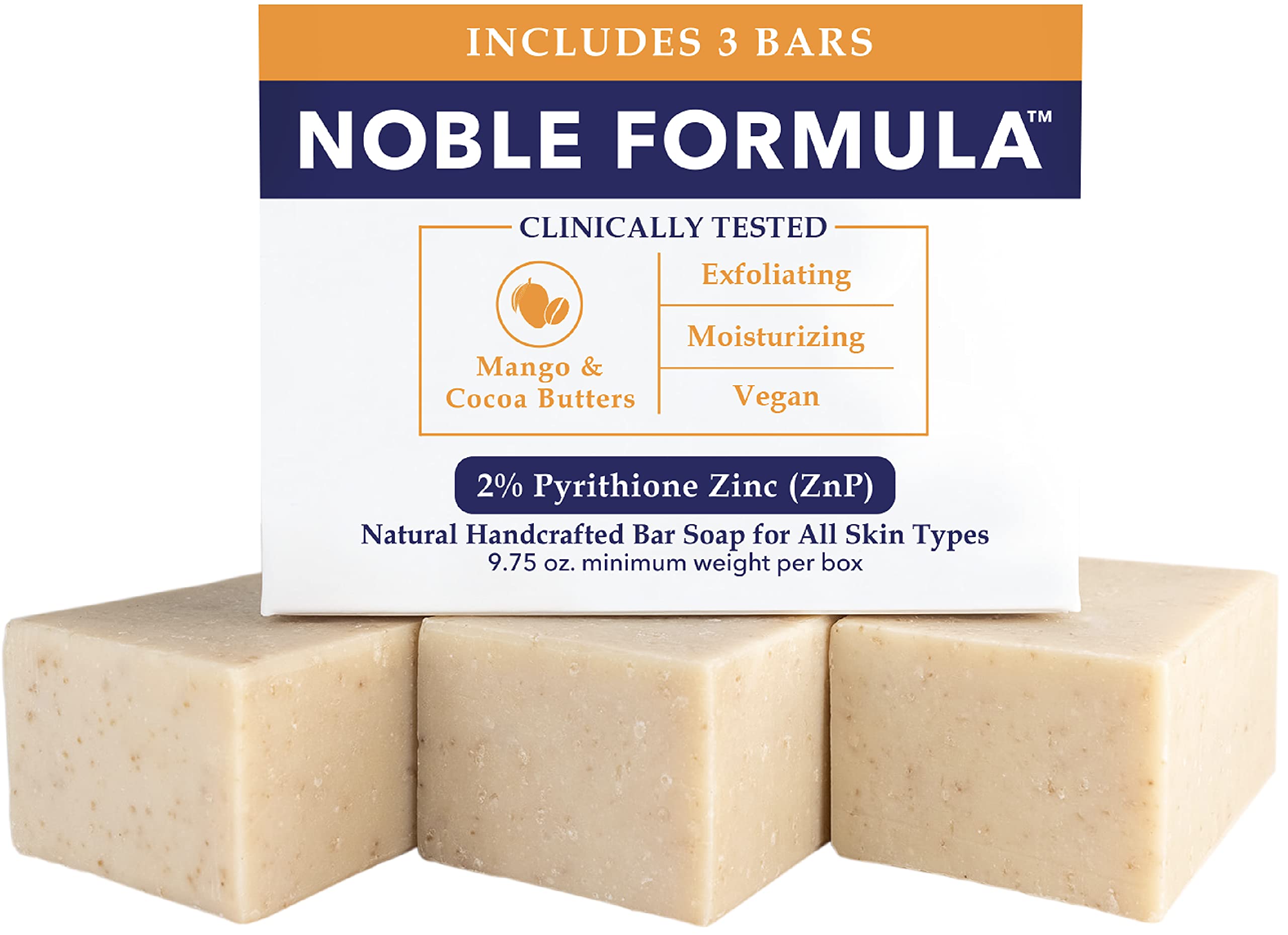 Noble Formula 2% ZnP bar with mango-cocoa lather for gentle cleansing.