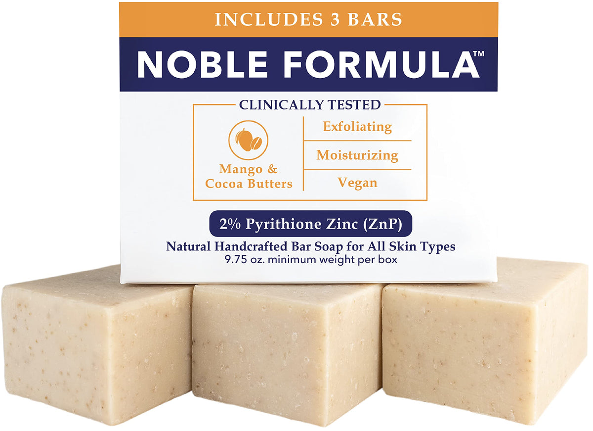 Noble Formula 2% ZnP bar with mango-cocoa lather for gentle cleansing.