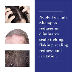 Close-up of Noble Formula label emphasizing 2% pyrithione zinc shampoo.