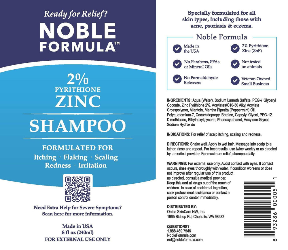 Side view of Noble Formula shampoo bottle highlighting zinc-based scalp support.