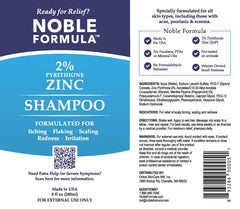 Side view of Noble Formula shampoo bottle highlighting zinc-based scalp support.