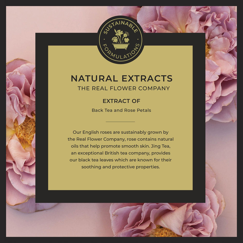 Liquid pour of Tea Rose gel captures gentle, moisturizing cleanse