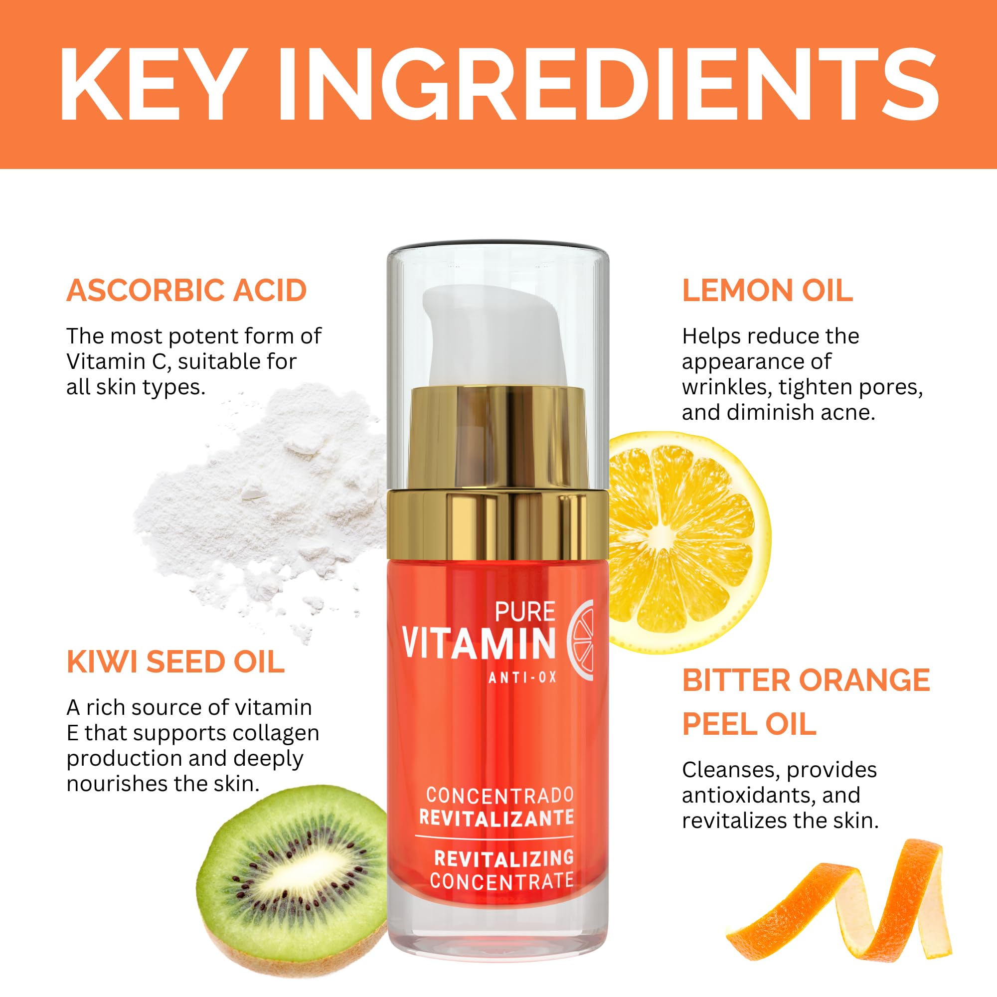 Noche Y Dia Vitamin C Serum kiwi-seed oil ingredient closeup emphasizes nourishing formula.