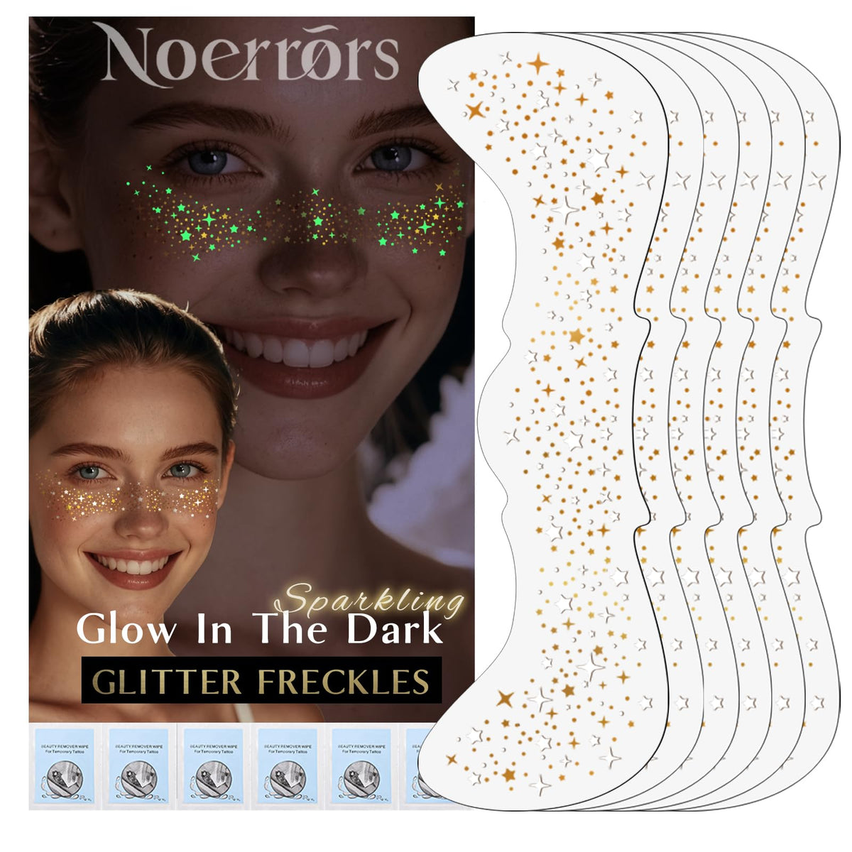 Noerrors glitter freckles tattoos with gold shimmer for daytime sparkle.