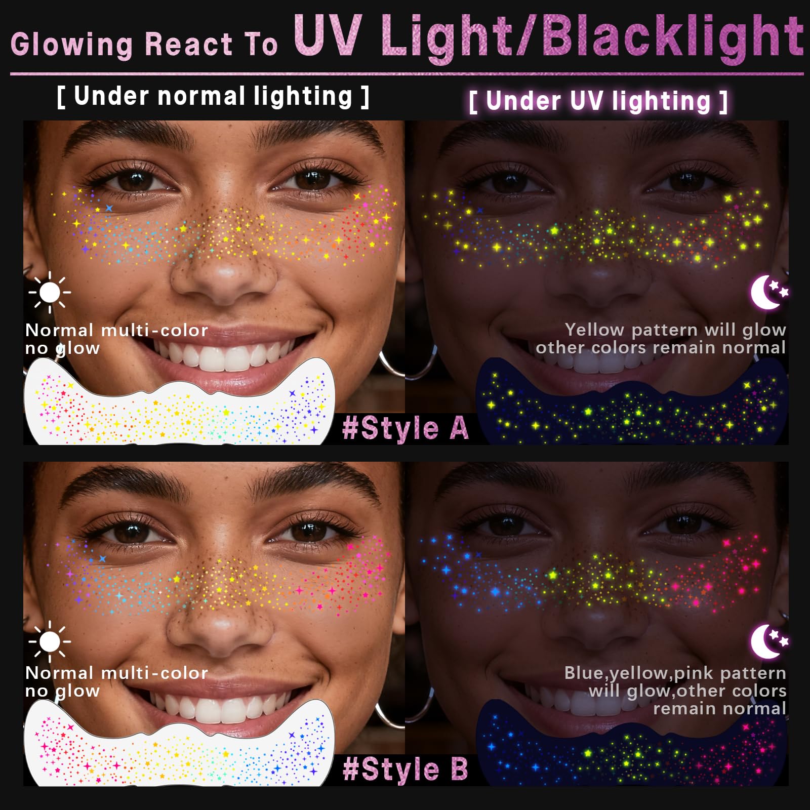 Noerrors UV-reactive freckles style B shows multiple colors under UV light
