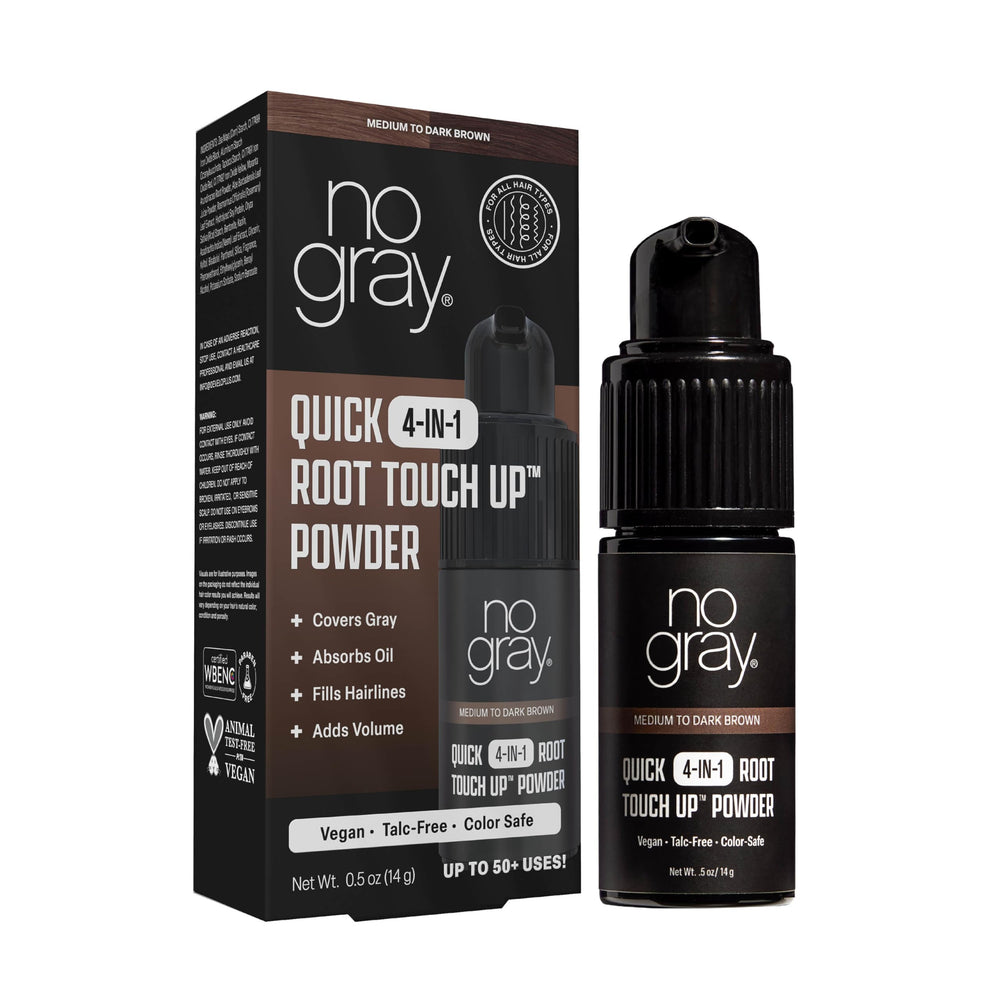 No Gray Quick 4-in-1 bottle and label shown for on-the-go touch-ups.
