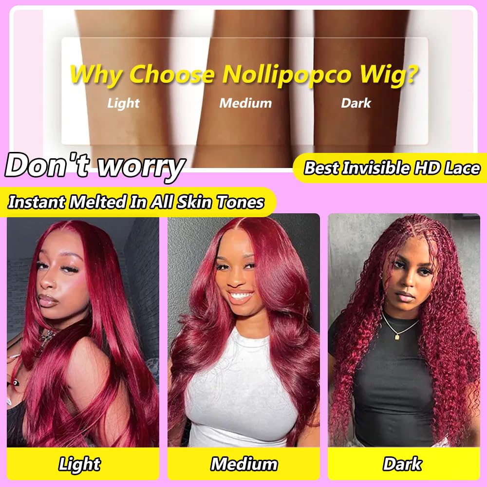 Nollipopco burgundy wig with 4 combs and adjustable straps for secure wear