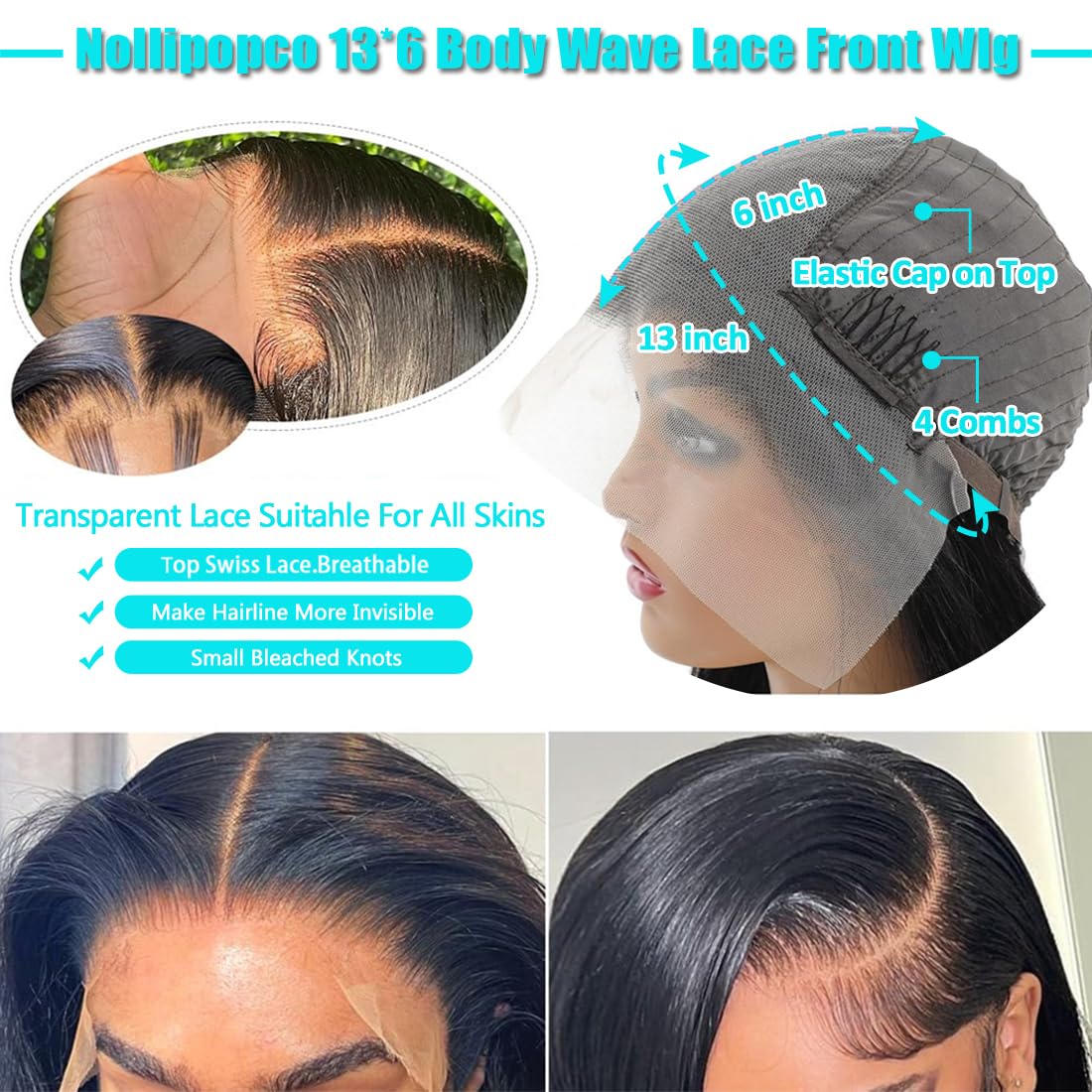 Nollipopco glueless 13x6 wig with adjustable straps and four combs
