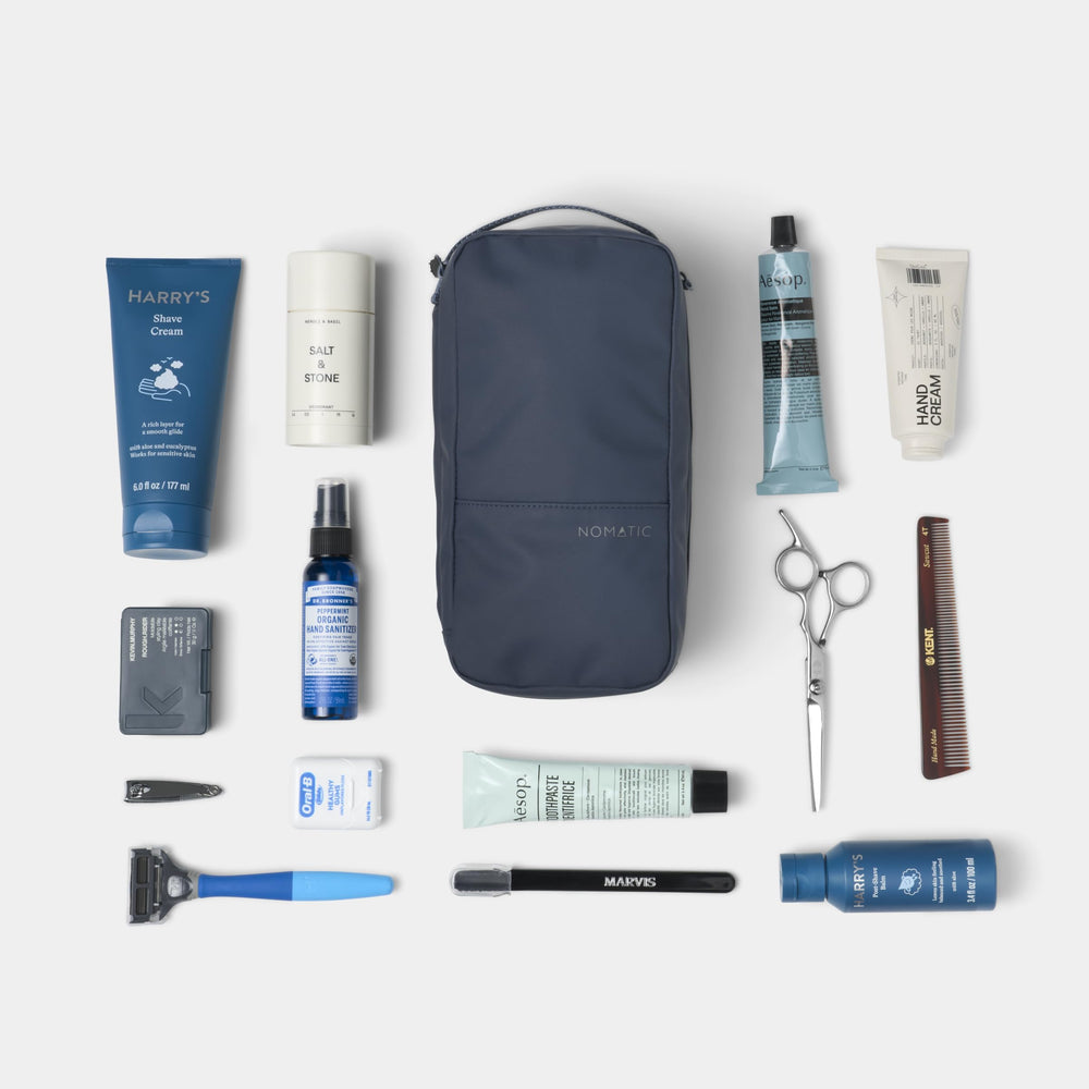 NOMATIC Toiletry Bag navy finish adds subtle style to travel gear.