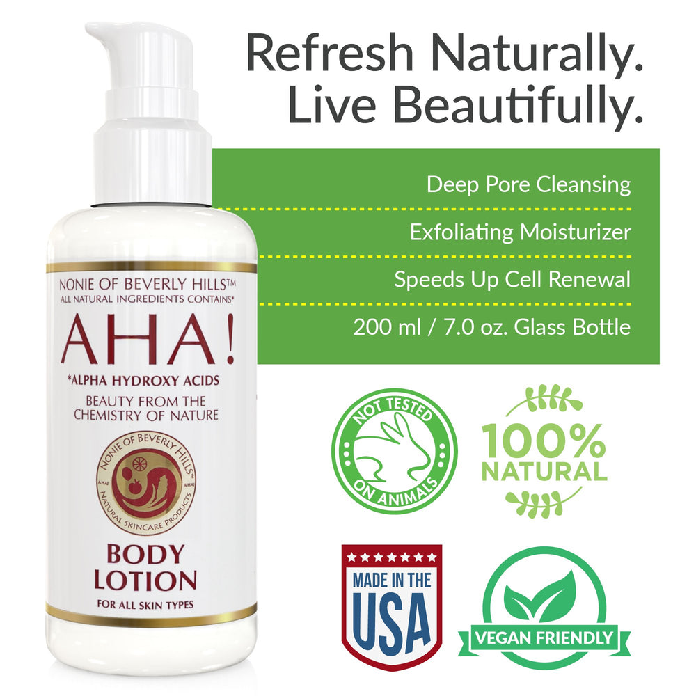 Nonie of Beverly Hills AHA Body Lotion application guide shows post-shower use