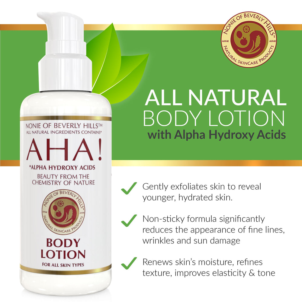 Nonie of Beverly Hills AHA Body Lotion pump-action display highlights easy application
