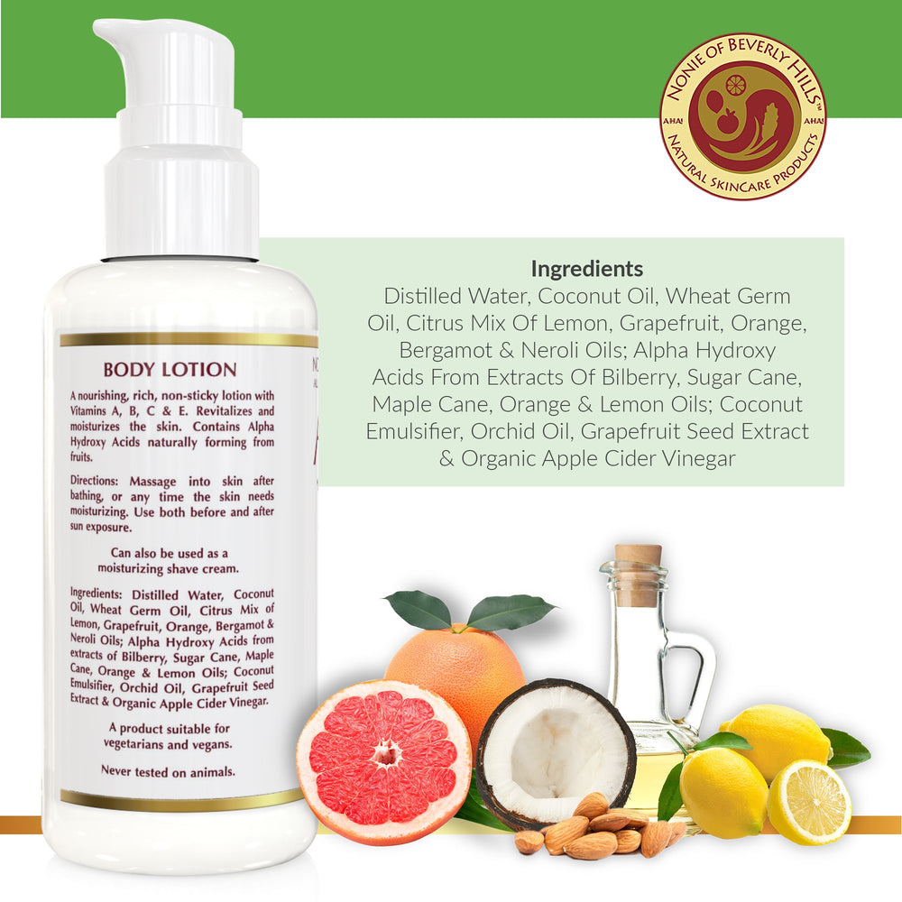 Nonie of Beverly Hills AHA Body Lotion vegan formula nourishes skin without parabens