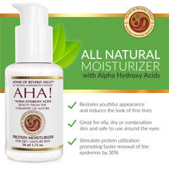 Nonie of Beverly Hills AHA Protein Moisturizer ingredient panel highlights vitamins A, B, C, E.