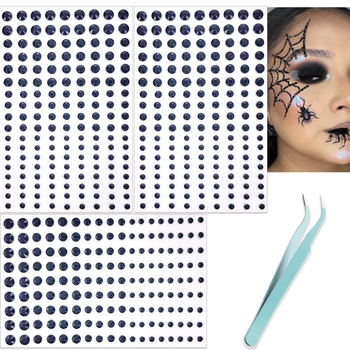 nooepc black face gems close-up showing 3-6mm sizes for eye makeup