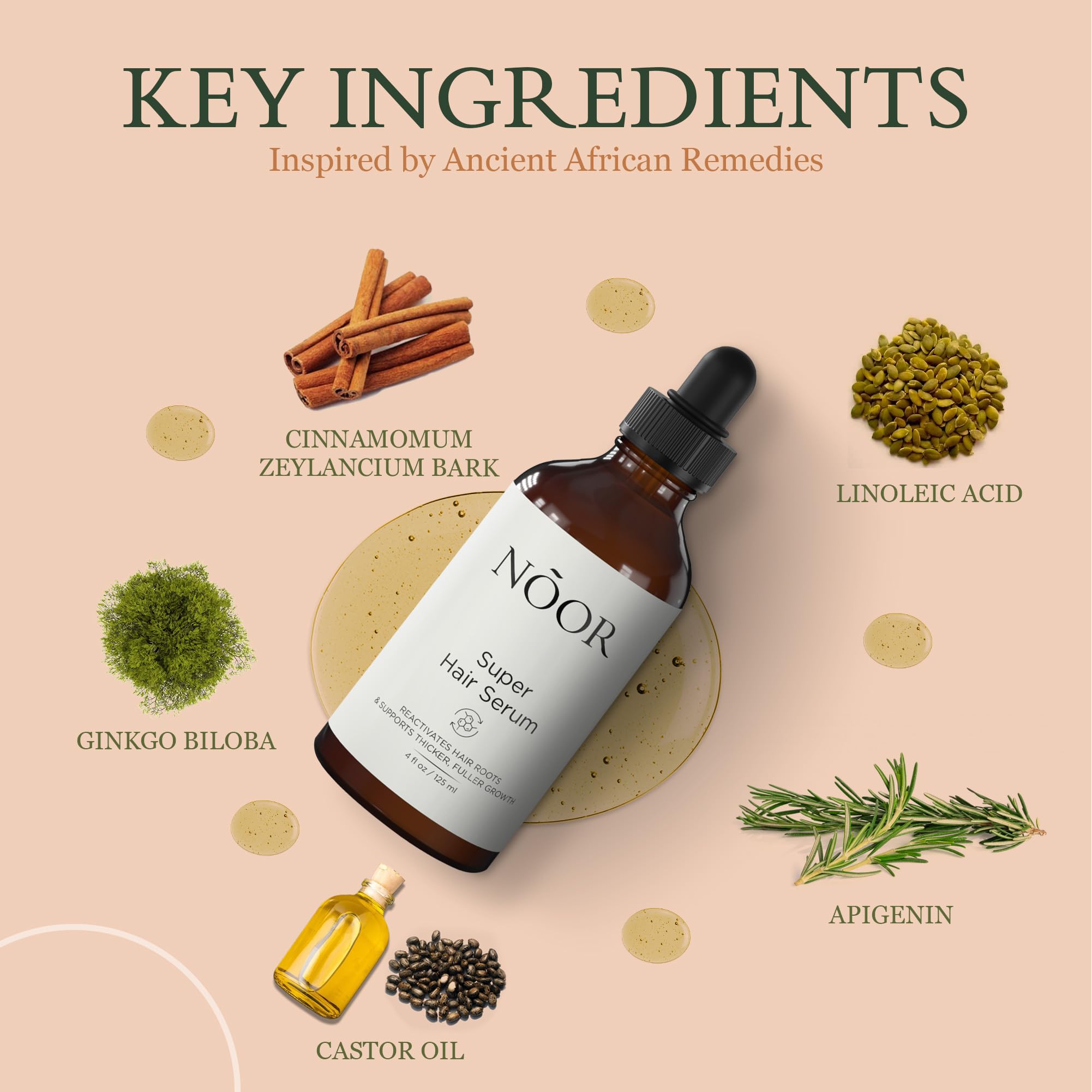NOOR HAIR Growth Serum ingredients close-up highlighting biotin and botanicals.