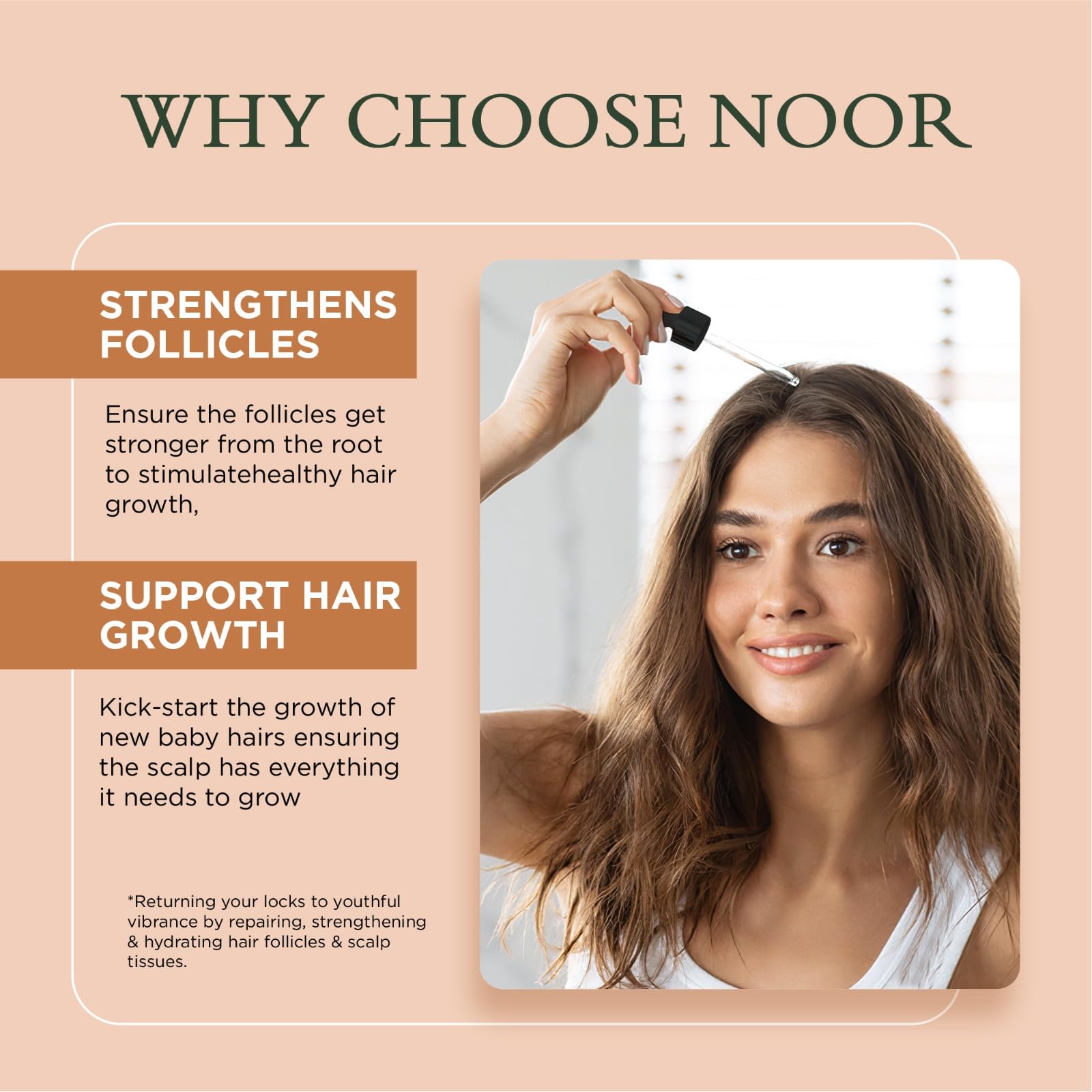 Creamy texture sample of NOOR HAIR Growth Serum with olive-based nourishment.