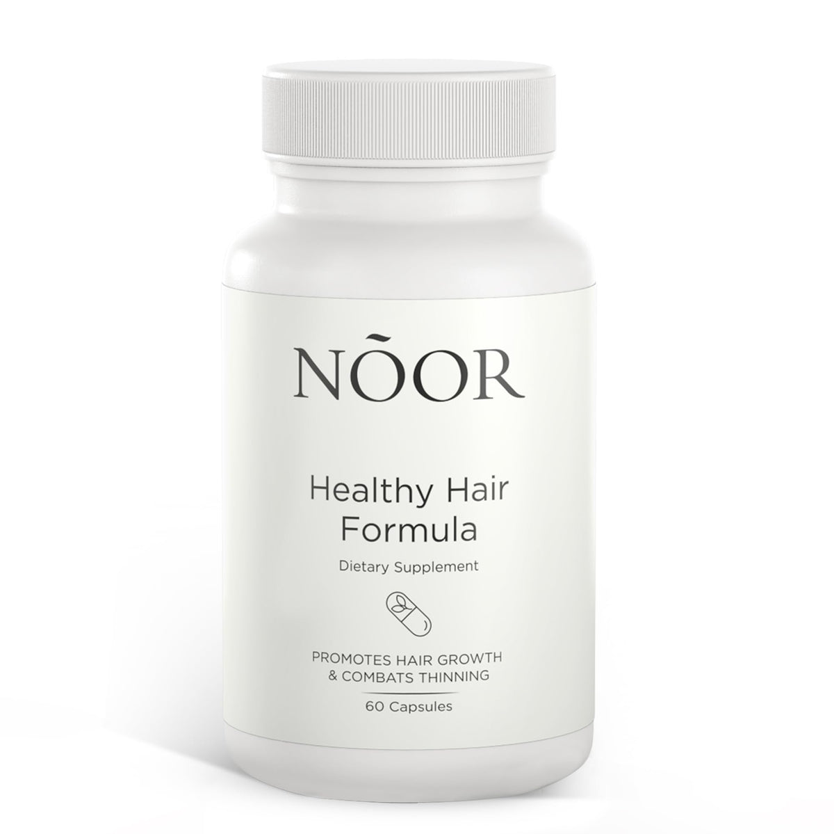 NOOR HAIR Healthy Hair Formula bottle showing daily nourishment for fuller growth.