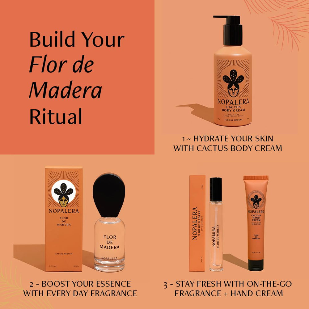 Nopalera Flor de Madera warm lighting enhances cedarwood and musk impression.