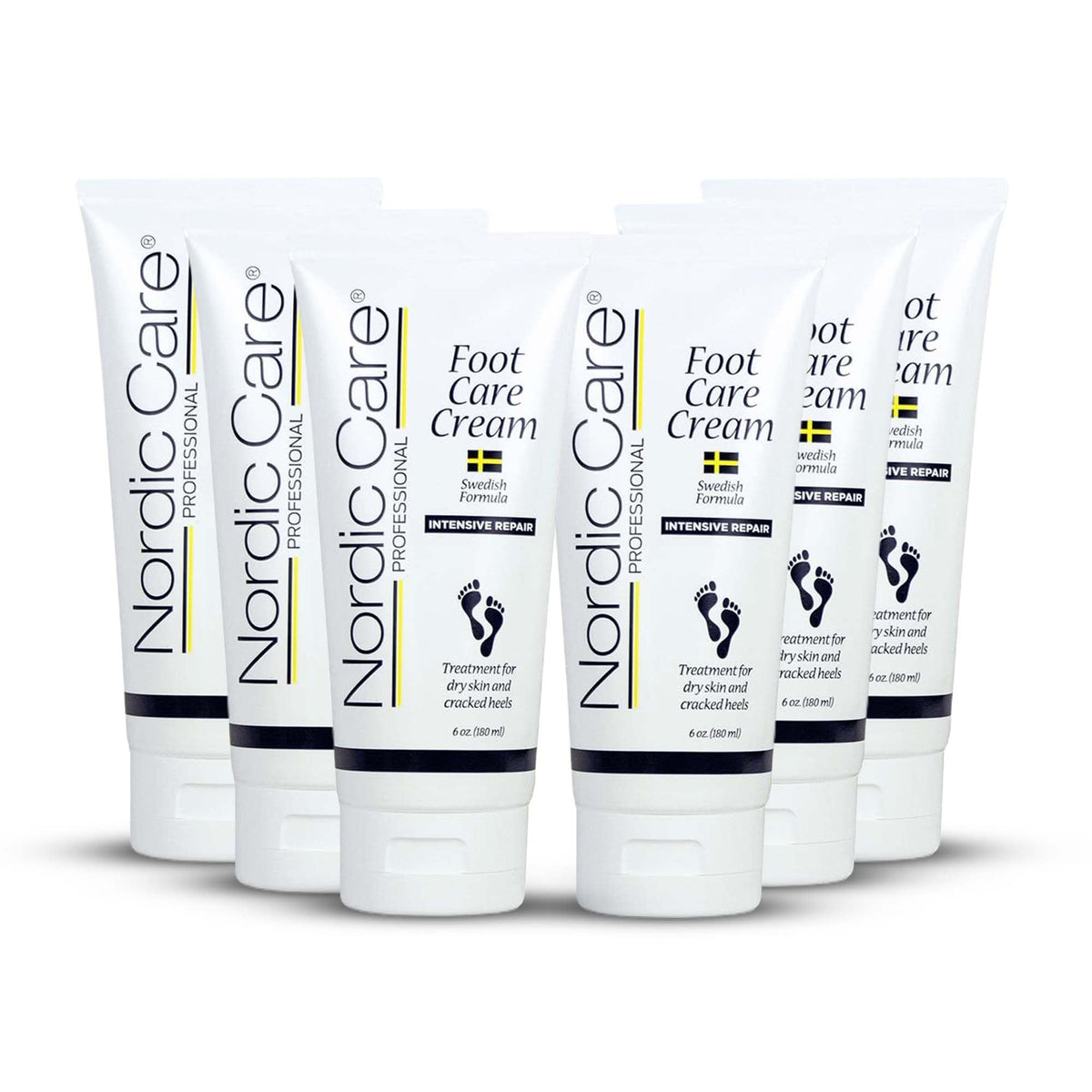 Nordic Care Foot Cream packaging with six bottles supports shared daily foot care.