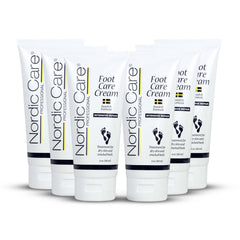 Nordic Care Foot Cream packaging with six bottles supports shared daily foot care.