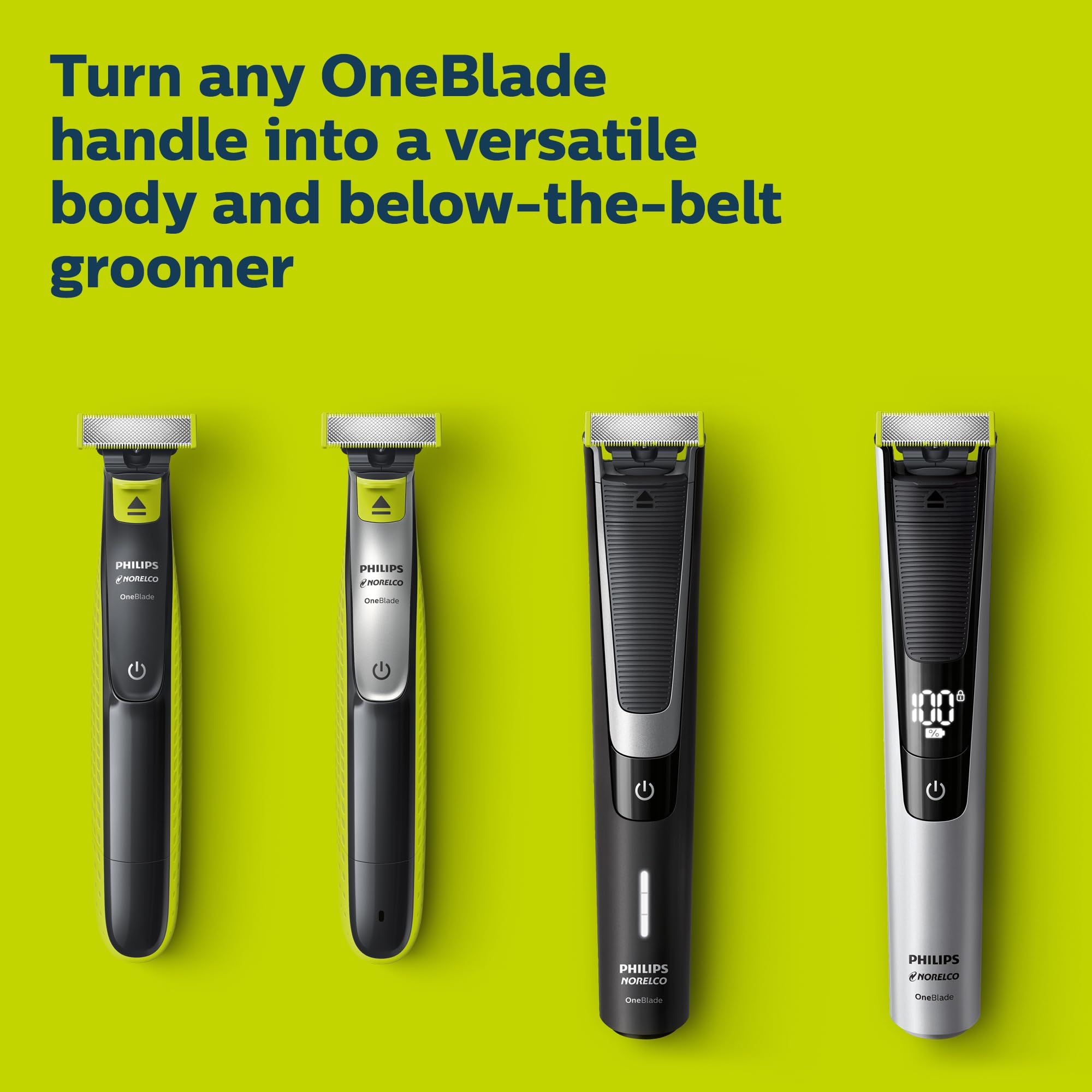 Norelco OneBlade on-handle compatibility for universal use.