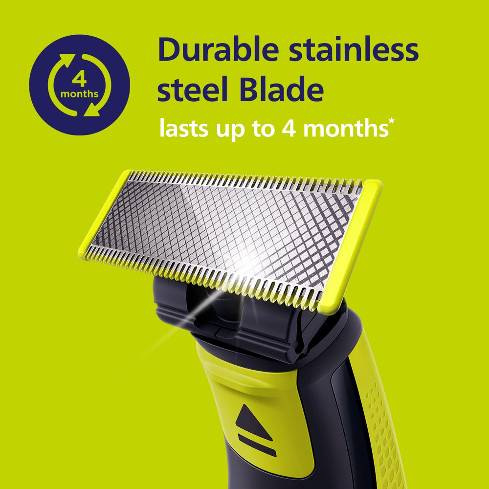 Norelco OneBlade skin guard attached for gentle grooming.