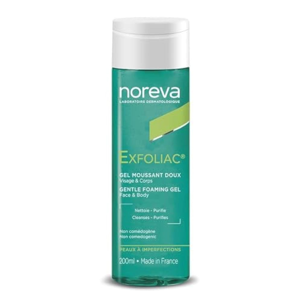 Noreva Exfoliac bottle close-up showing gentle cleansing for daily impurity control.