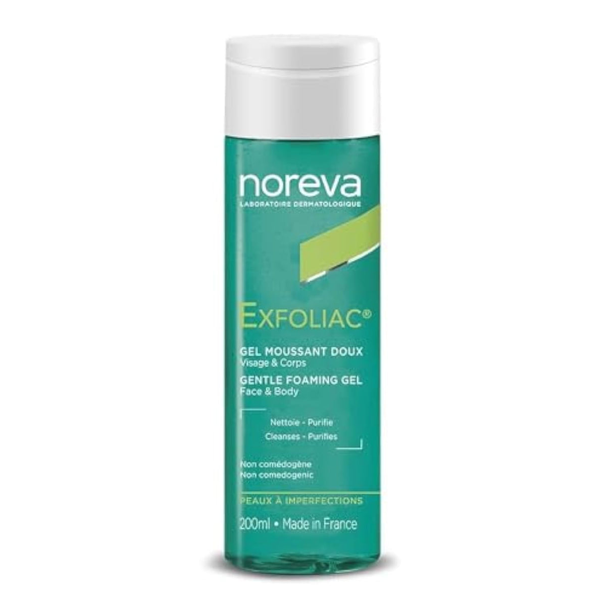 Noreva Exfoliac bottle close-up showing gentle cleansing for daily impurity control.