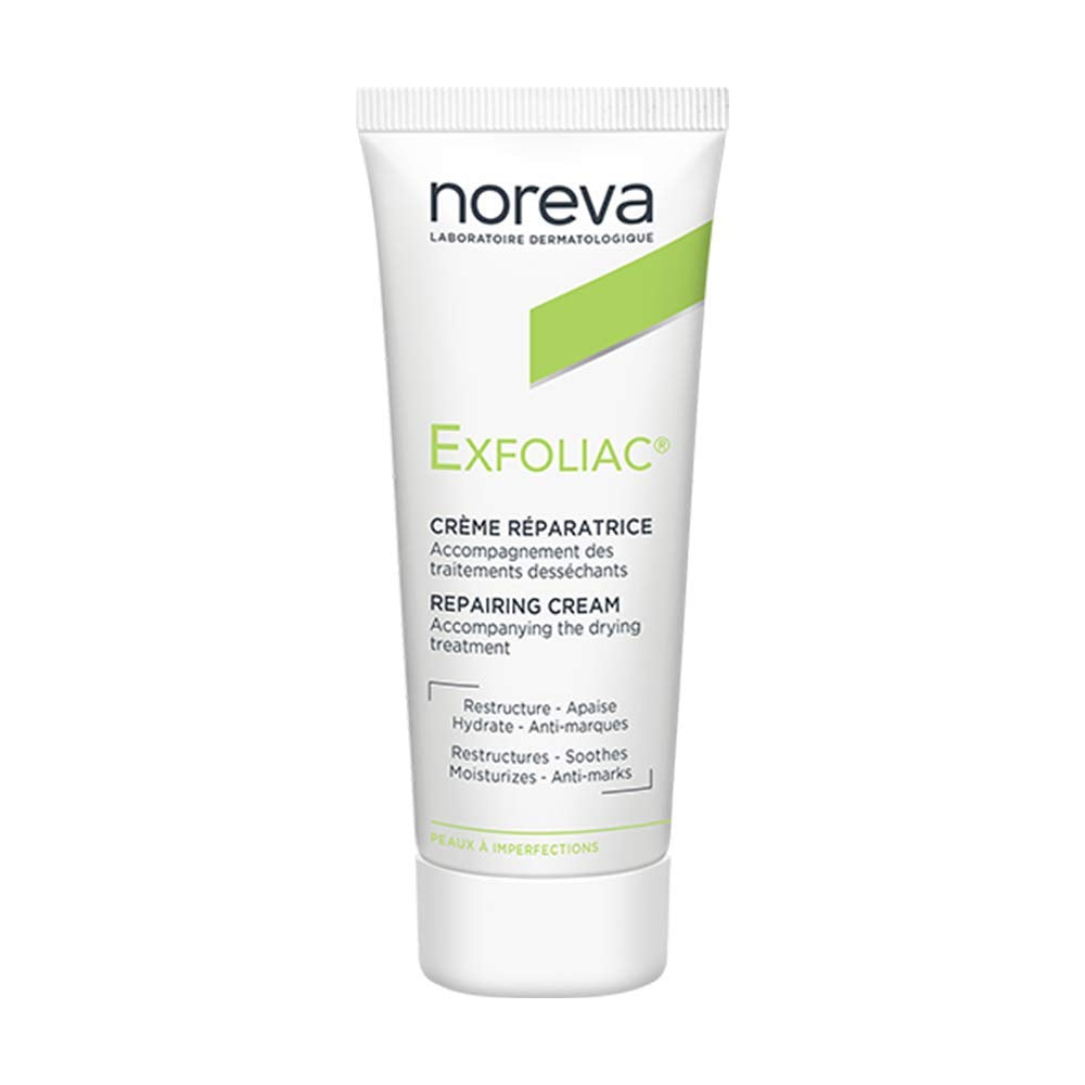 Noreva Exfoliac Repairing Cream 40ml texture close-up emphasizes moisture and comfort.
