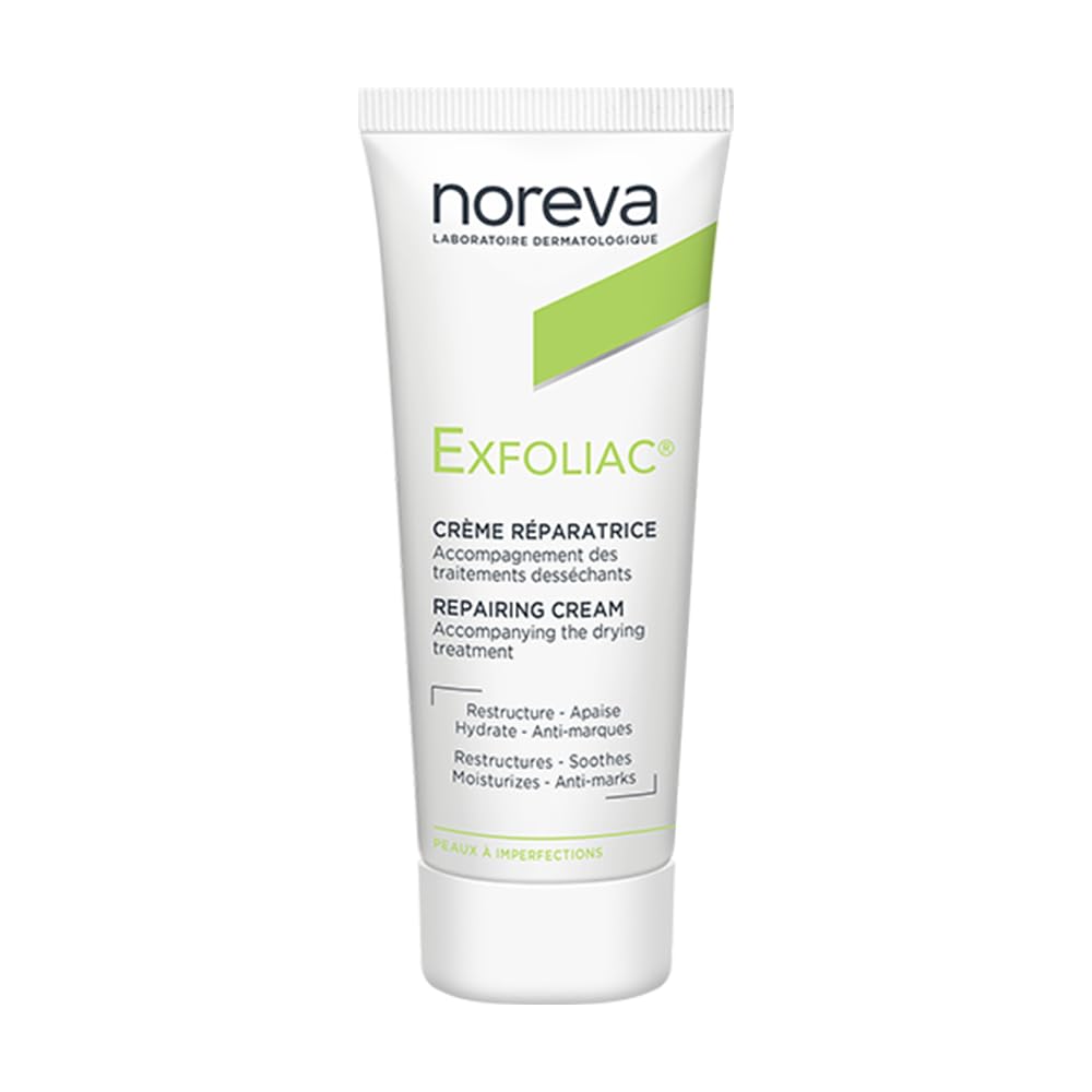 Noreva Exfoliac Repairing Cream 40ml tube delivers soothing hydration for acne-prone skin.